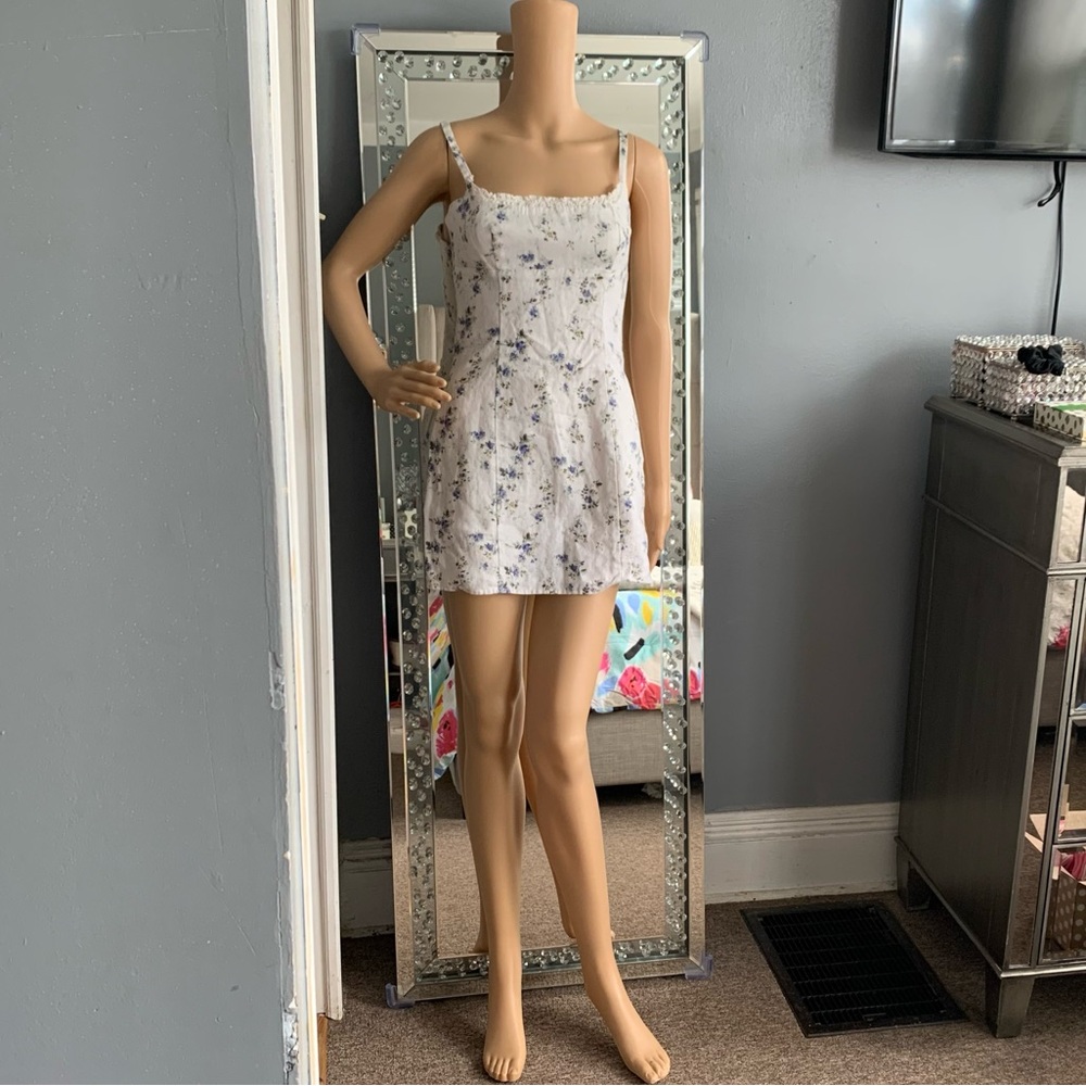 Reformation White Mini Dress with Blue Floral Print